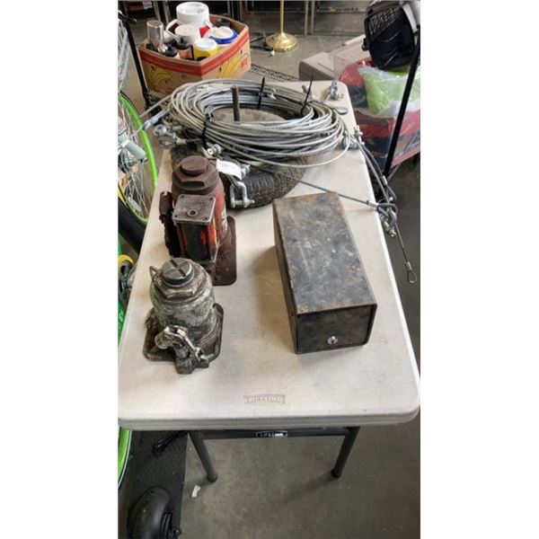 WIRE CABLE SLINGS, METAL BOX, WHEELBARROW WHEEL AND BOTTLE JACKS