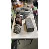 Image 1 : WIRE CABLE SLINGS, METAL BOX, WHEELBARROW WHEEL AND BOTTLE JACKS