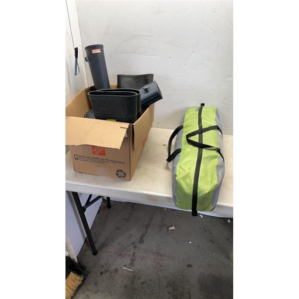 3 PAIRS OF RAIN BOOTS - SIZE 9, 10 AND OTHER, AND TENT