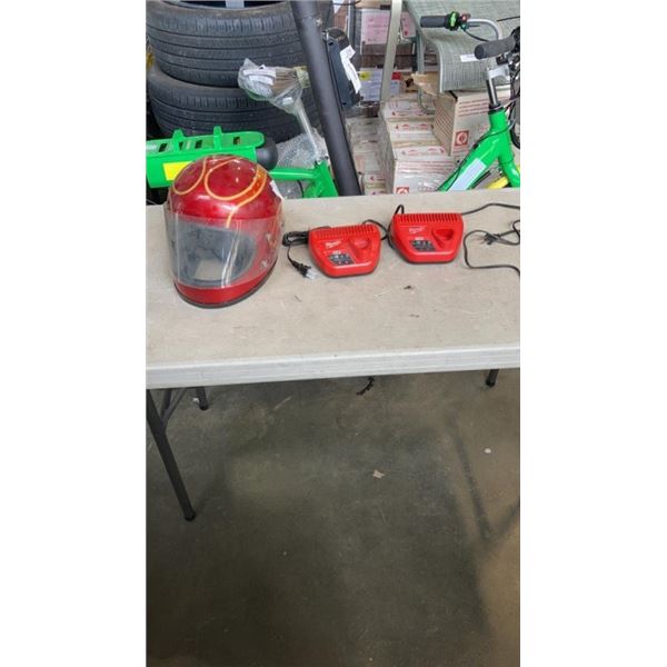 2 MILWAUKEE M12 CHARGERS AND DECORATIVE MOTORCYCLE HELMET