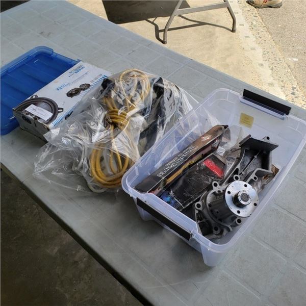 TOTE OF EXTENTION CORDS, POWER BARS AND AUTO PARTS