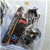 Image 2 : TOTE OF EXTENTION CORDS, POWER BARS AND AUTO PARTS