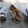 Image 3 : TOTE OF EXTENTION CORDS, POWER BARS AND AUTO PARTS