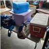 Image 1 : COLEMAN COOLER WITH OZARK TRAIL SCREEN HOUSE, 4 FOLDING CHAIRS AND MORE