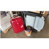 Image 1 : LUGGAGE BAG, FOLDING DECK CHAIR AND COCA COLA TIN WITH POWER SUPPLY AND SPEAKER