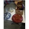 Image 1 : 3 GLASS PLATTERS, WOOD FIGURES, POTTERY CROCK