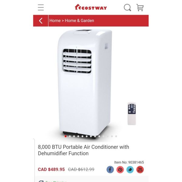 COSTWAY 8000 BTU PORTABLE AIR CONDITIONER WITH DEHUMIDIFIER FUNCTION