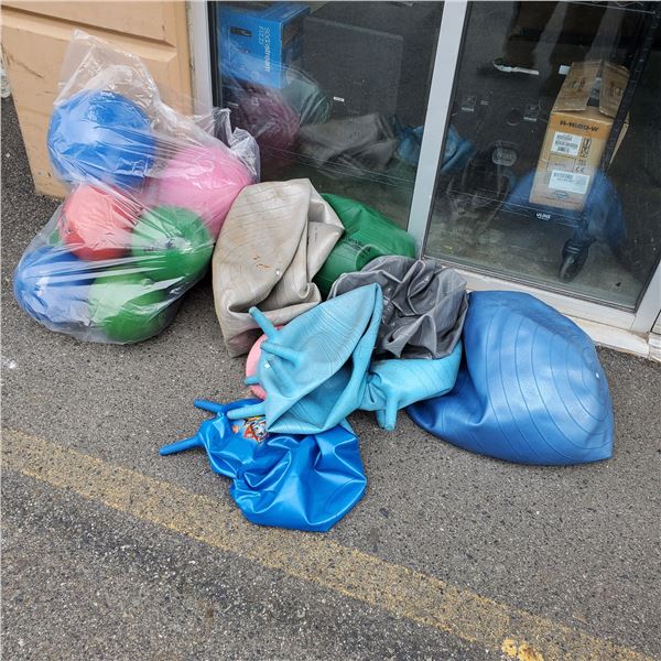 LOT OF EXCERCISE BALLS PLAYGROUND BALLS AND VDL DODGEBALLS