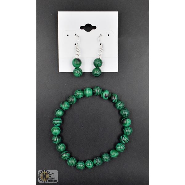 #38-GREEN BEAD MALACHITE BRACELET & EARRINGS