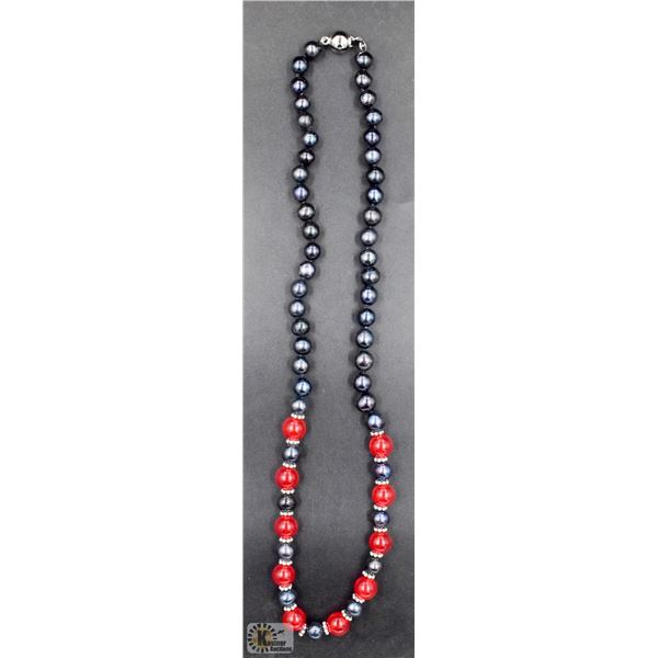 #32-NATURAL BLACK TAHITIAN PEARL & RED JADE NECKLA