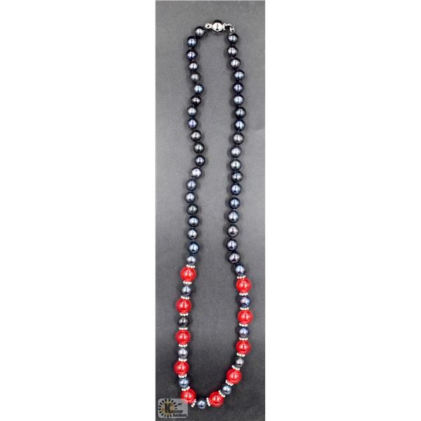 #32-NATURAL BLACK TAHITIAN PEARL & RED JADE NECKLA