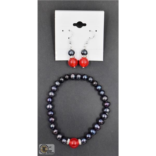 #33-NATURAL BLACK TAHITIAN PEARL & RED JADE BRACEL