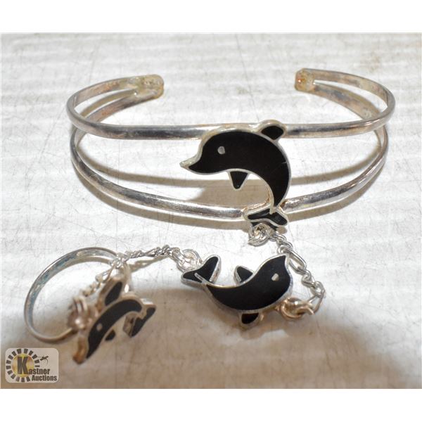 SILVER DOLPHIN SLAVE BRACELET W/ CHAIN RING