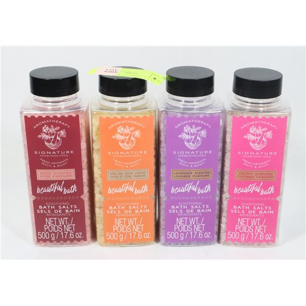 LOT OF 4 NEW ASSORTED SCENT BATH SALTS 500GM EACH