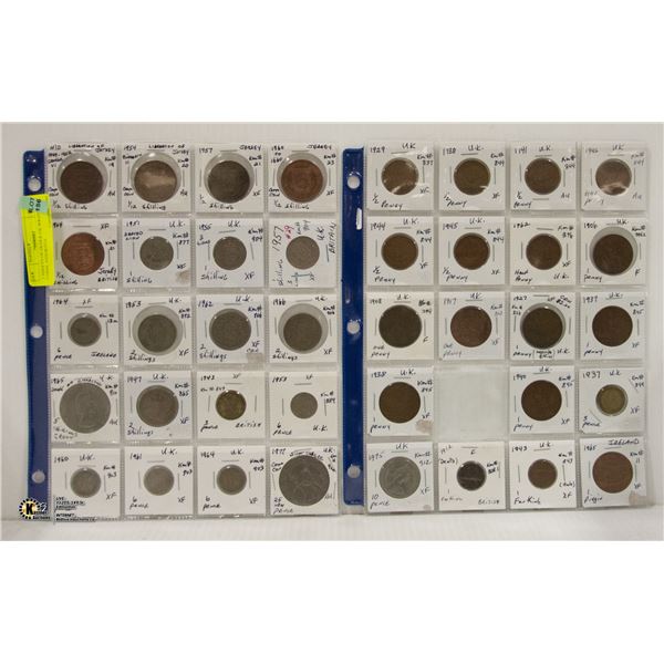 2 SHEETS OF OLDER UK WRAPPED COINS, ASSORTED.