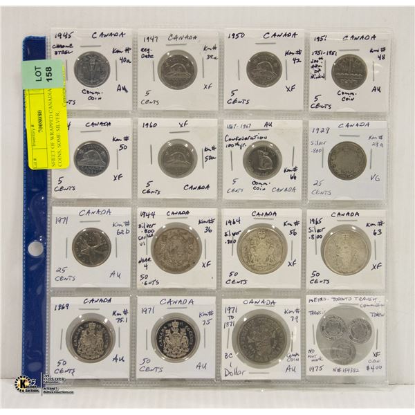 SHEET OF WRAPPED CANADIAN COINS, SOME SILVER,