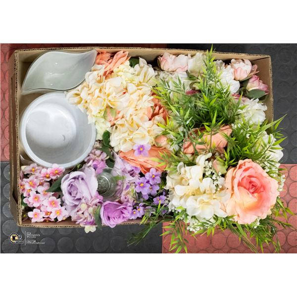 FLAT WITH ARTIFICIAL FLOWER ARRANGMENTS + 2 VASES