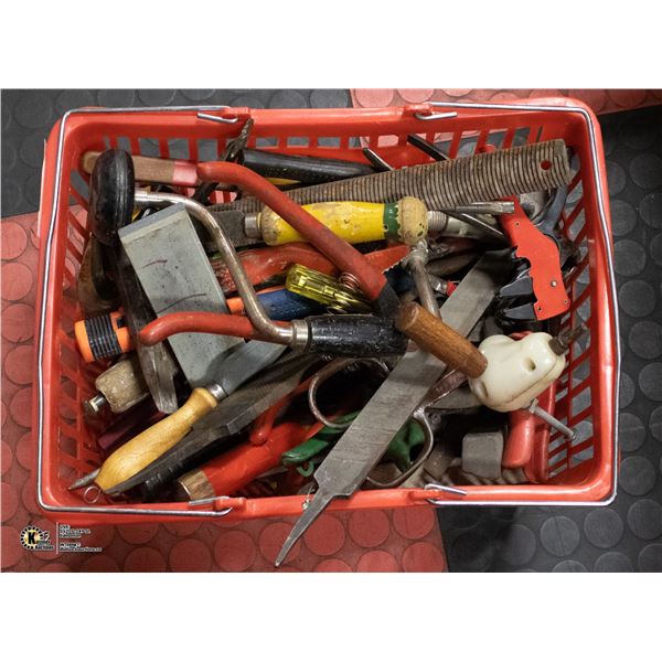 RED PLASTIC CONTAINER WITH HANDTOOLS