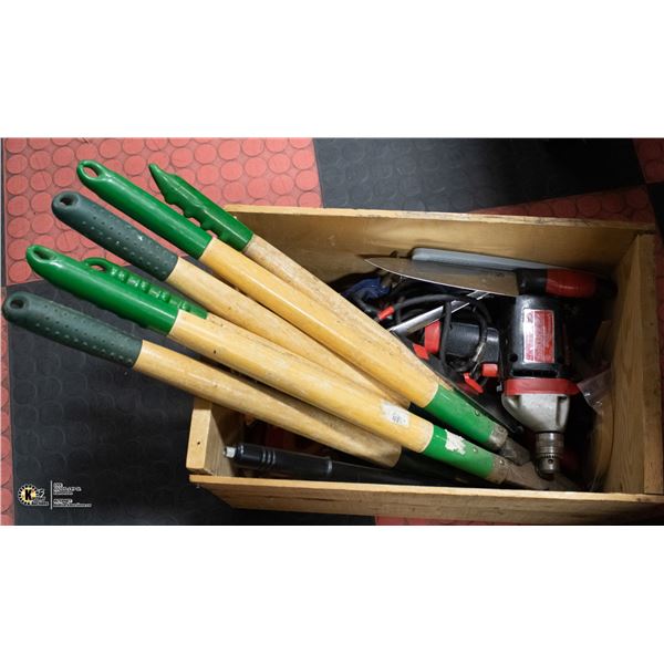 CRATE WITH ASSORTED TOOLS PRUNERS AND MORE