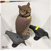 BOBBLE HEAD YARD OWL & 2 GARDEN CROWS