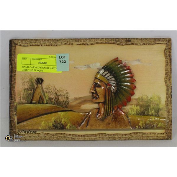 HAND CARVED SIGNED NATIVE CHIEF 3-D PLAQUE