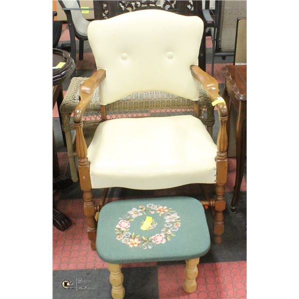 VINTAGE LEATHER ACCENT CHAIR WITH CROSS STITCHED