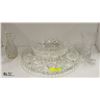 CRYSTAL TRAY WITH FOOTED BOWL, VASE + DECANTER