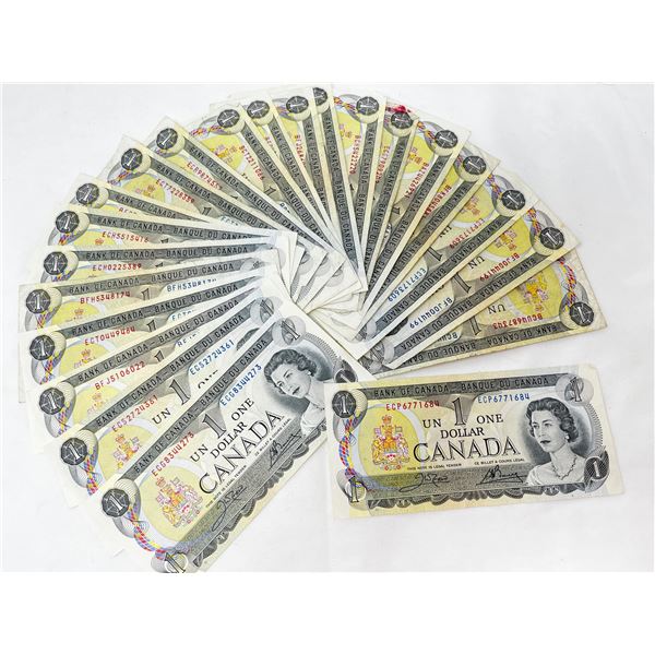 Lot of 22- 1973 Canada $1 Banknotes