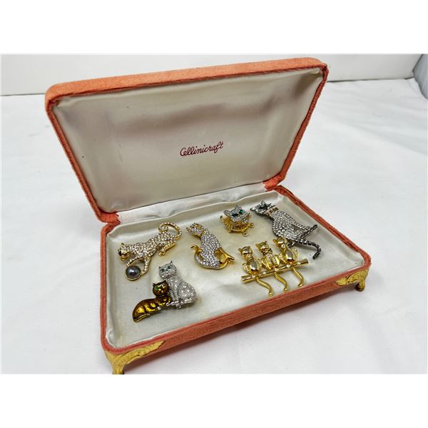 Group of 6 Jeweled Costume Cat Brooches