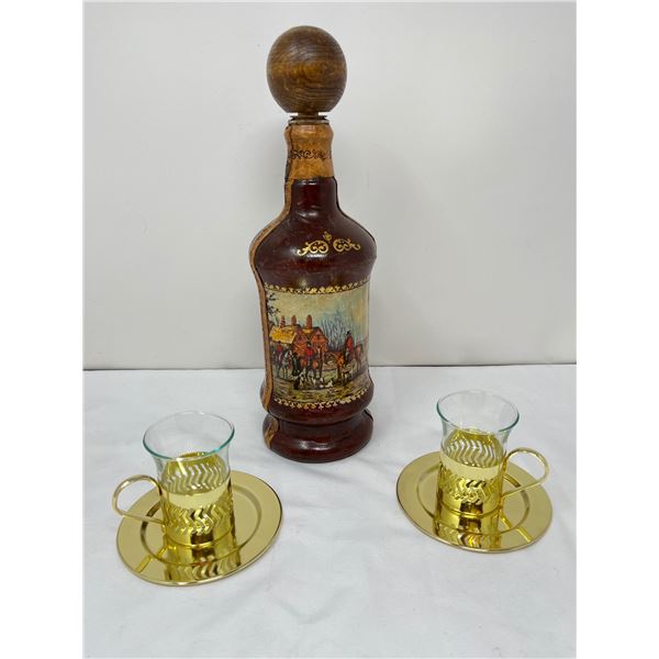 Decorative leather bottle and brass cup set