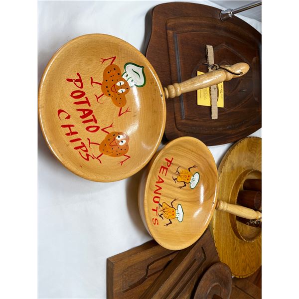 Wooden kitchen serving plates and misc