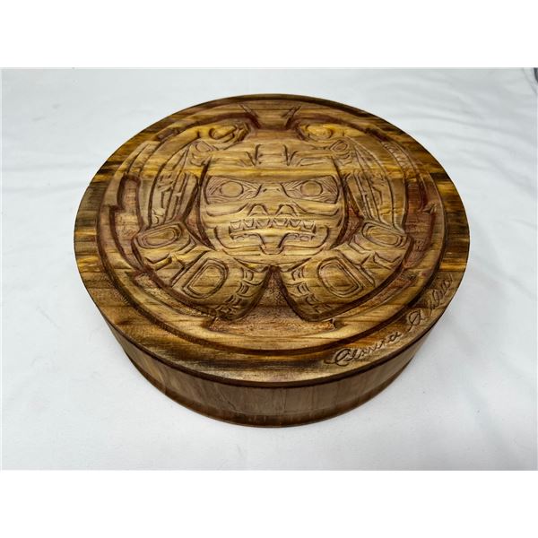 Artist signed art bowl and lid, salmon and bear