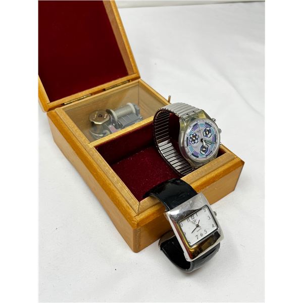 Music box with 2 wrist watches including swatch