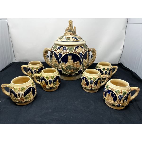 German Stoneware wine/punch bowl and glasses