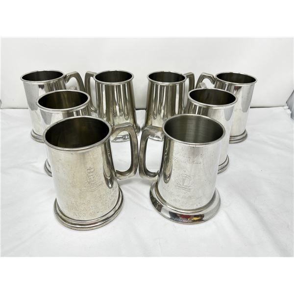 8 mixed pewter glass bottom beer mugs