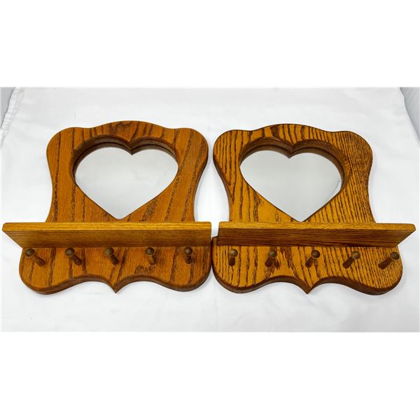 Pair of heart shaped mirrored shelf hangers