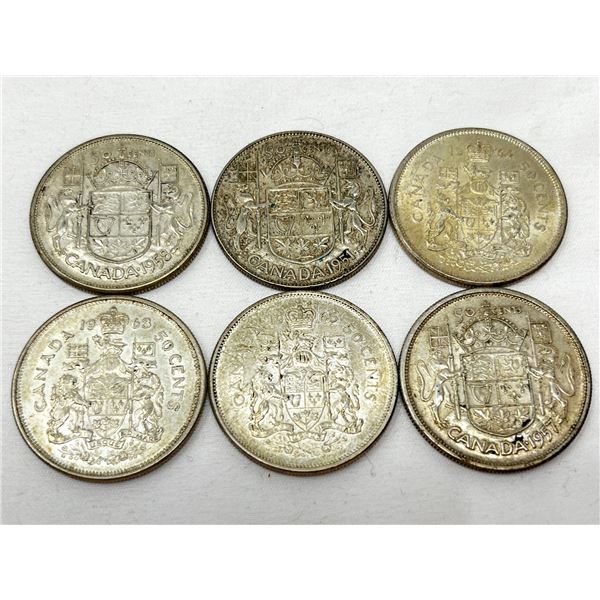 Lot of 6 canada 80% silver 50 cent coins