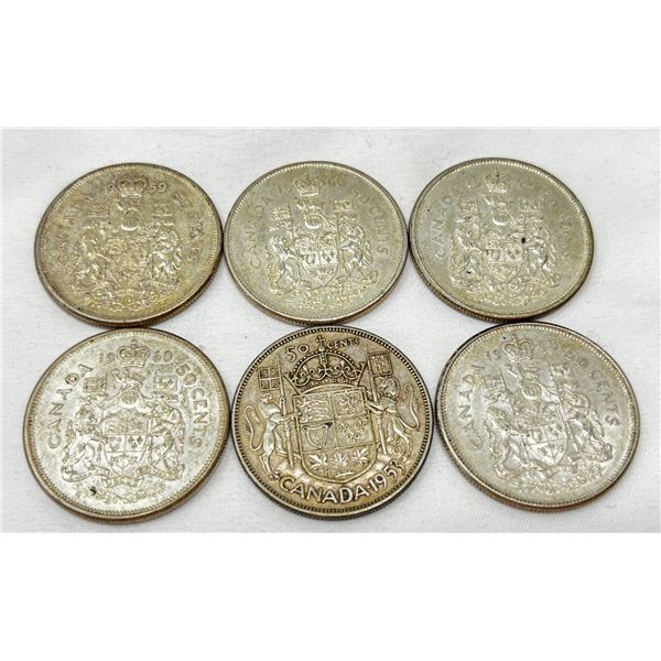 Lot of 6 canada 80% silver 50 cent coins