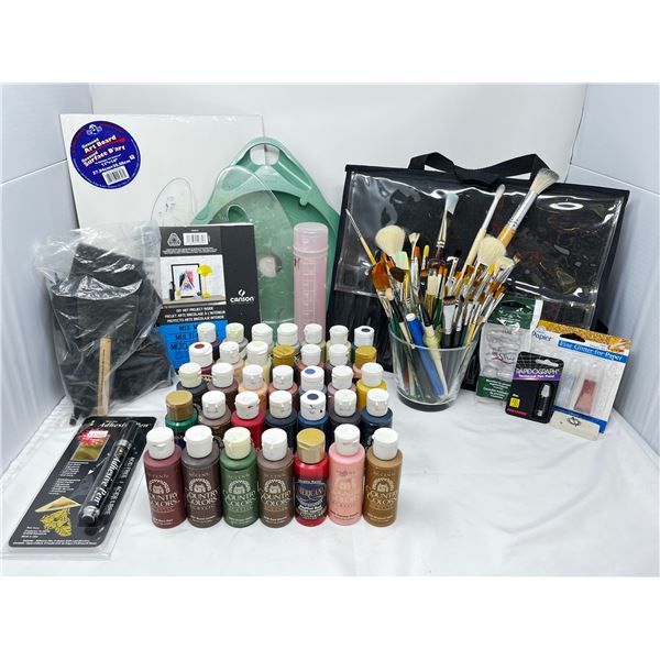 Mixed lot of art supplies, paint, brushes, and misc