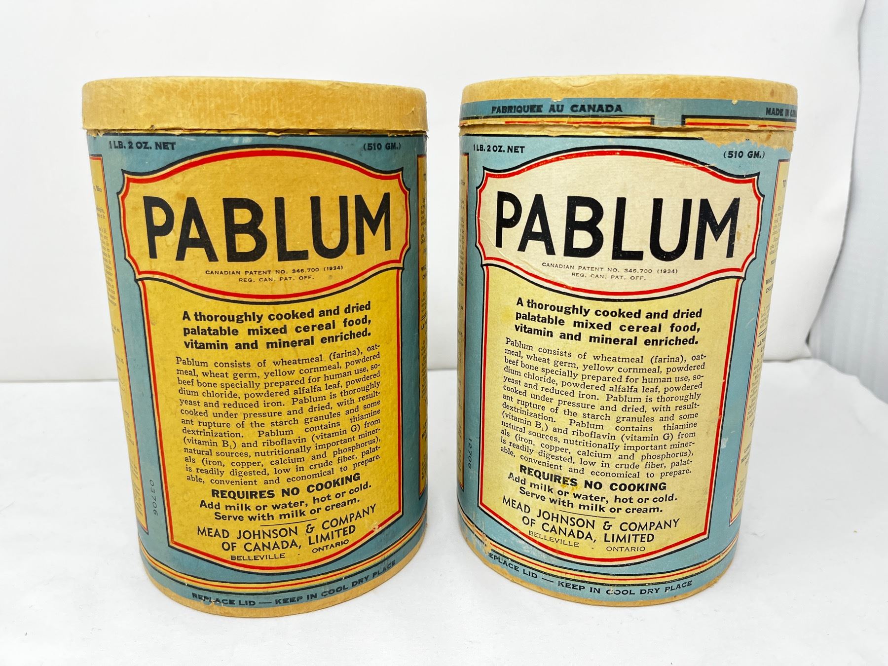 Pablum Invention Two vintage pablum wheatmeal porridge containers