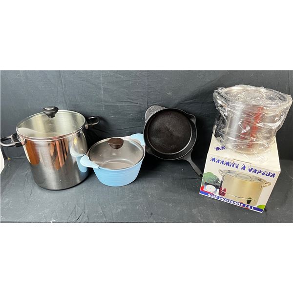 Lot of three cooking pots including steam pot