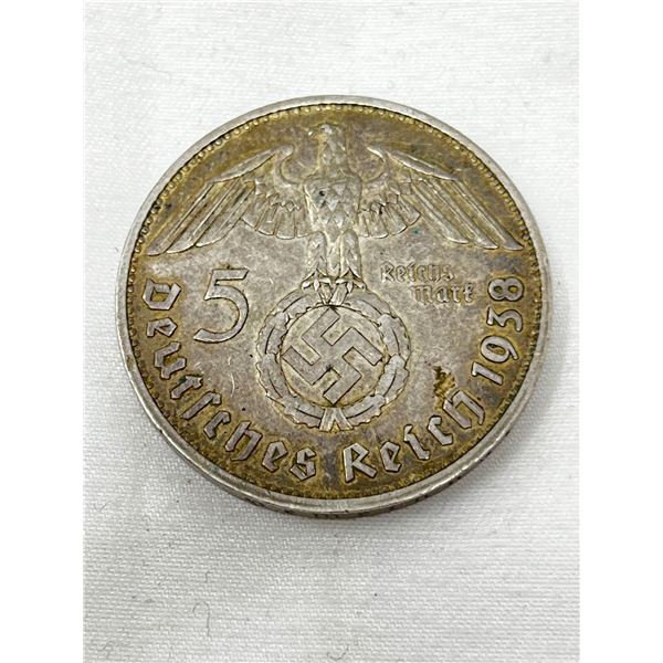 1938G silver Nazi 5 mark coin with Eagle