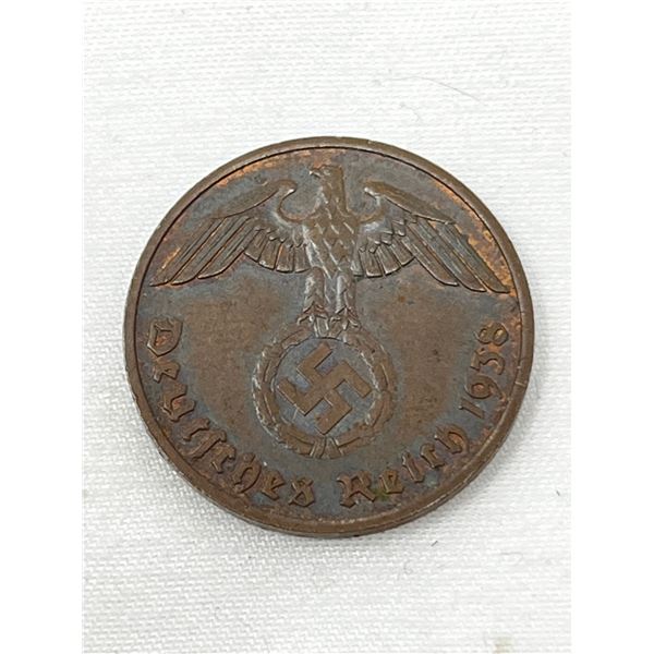 1938F Copper Nazi 2 pfennig coin with eagle