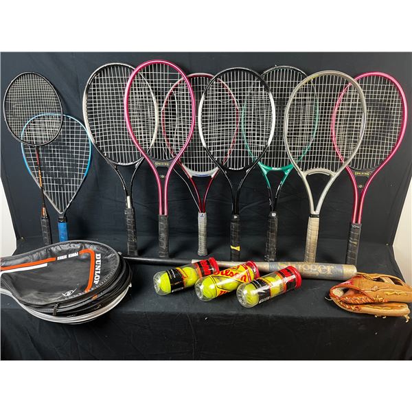 Mixed sporting equipment mostly tennis rackets