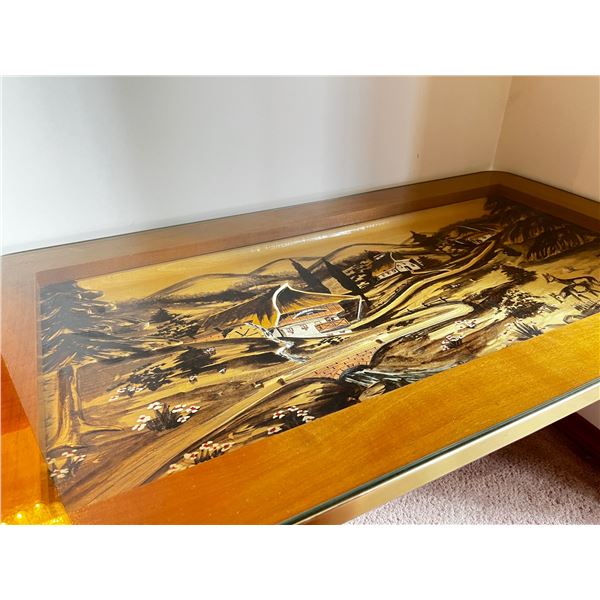 Recessed carved wood painted glass top coffee table