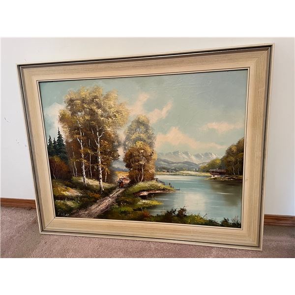 Oil on canvas painting of lake scene