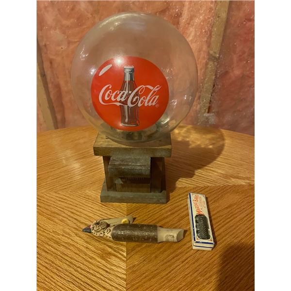 Vintage gumball machine, harmonica and whistle