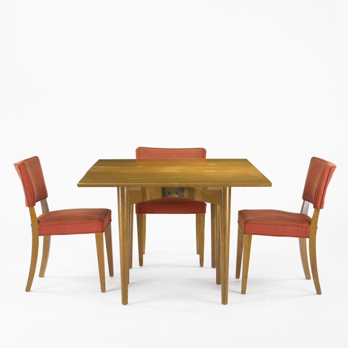 Russel Wright, attribution dining table with three chairs
