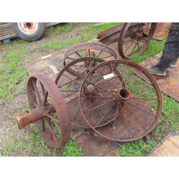 (4) 34  x 3 3/4  Steel Wagon Wheels from St Andrews Jct HWY #8 + #67 1 1/4 Mile South on HWY #8  For