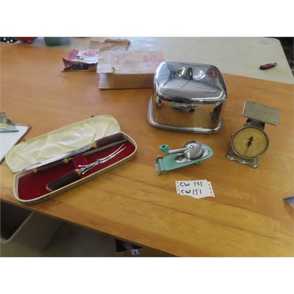 Cake Server, Postal Scale, Retro Can Opener. Carving Set with Case